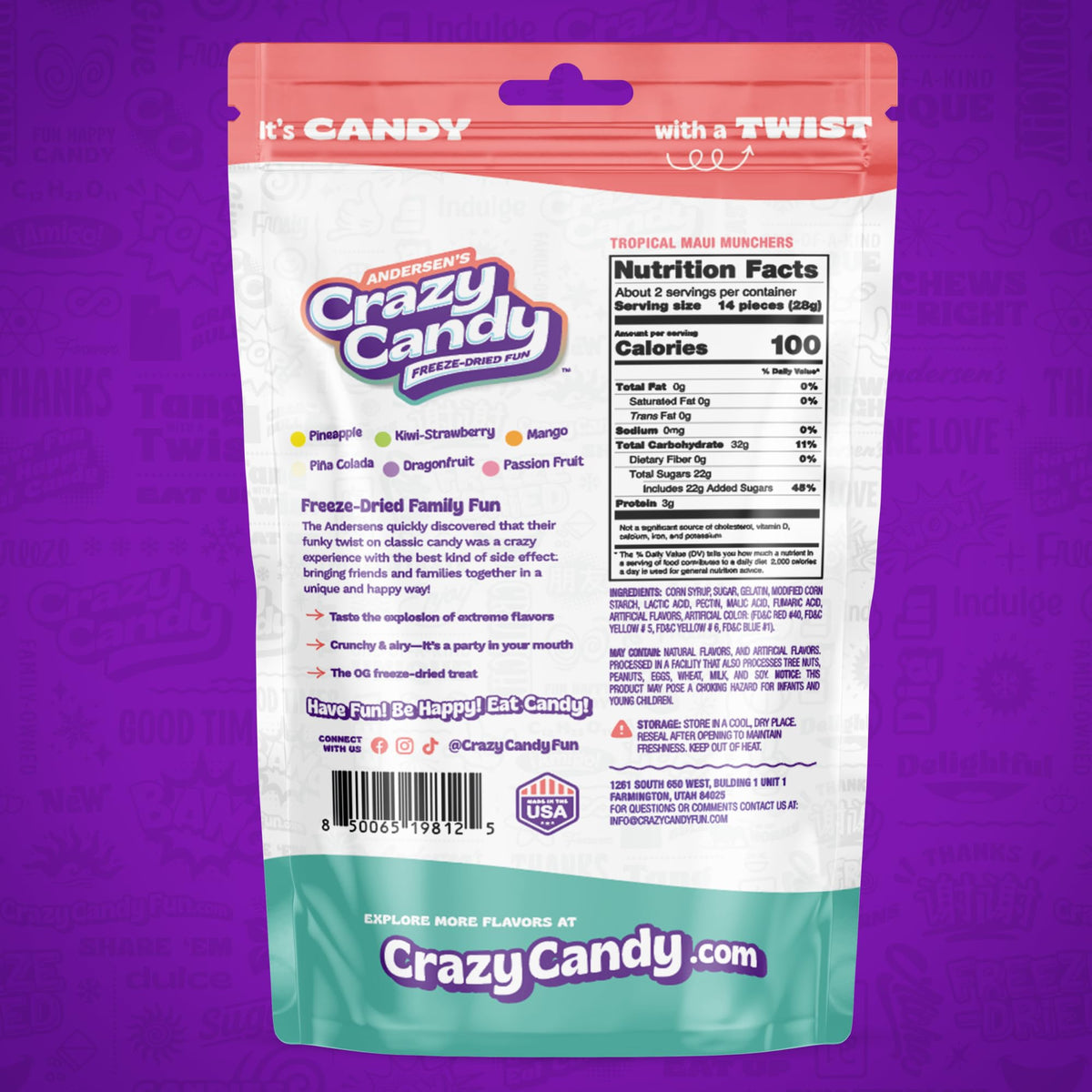 Freeze Dried Tropical Gummy Bears, Crazy Candy Maui Munchers - Pineapple Mango Dragon Fruit Flavors, Crunchy Fruit Candy, Resealable Package