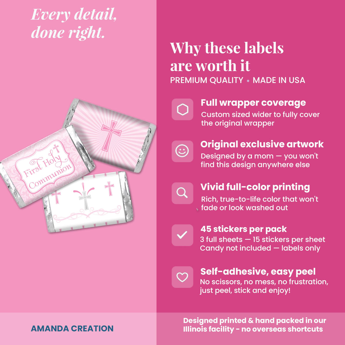 First Holy Communion Mini Chocolate Candy Bar Sticker Wrappers for Girls, 45 1.4" x 2.6" Wrap Around Labels by AmandaCreation, Great for Party Favors