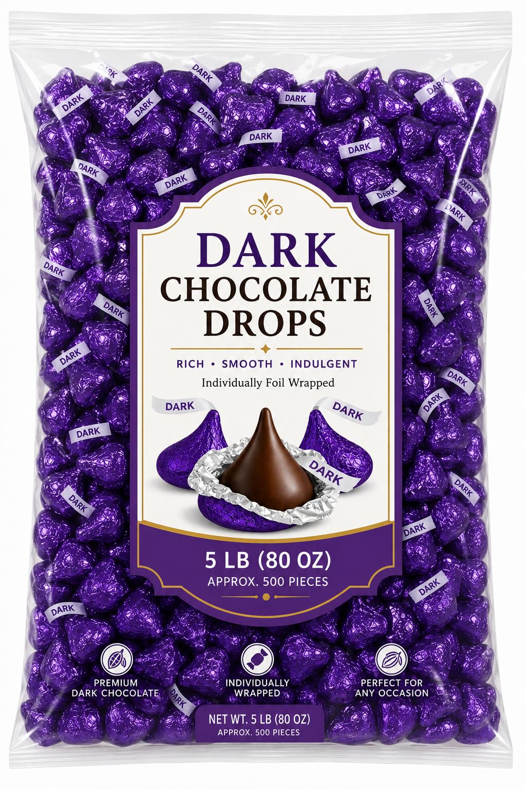 Individually Wrapped Purple Foil Dark Chocolate Candy Drops Bulk Bag 5 Lbs