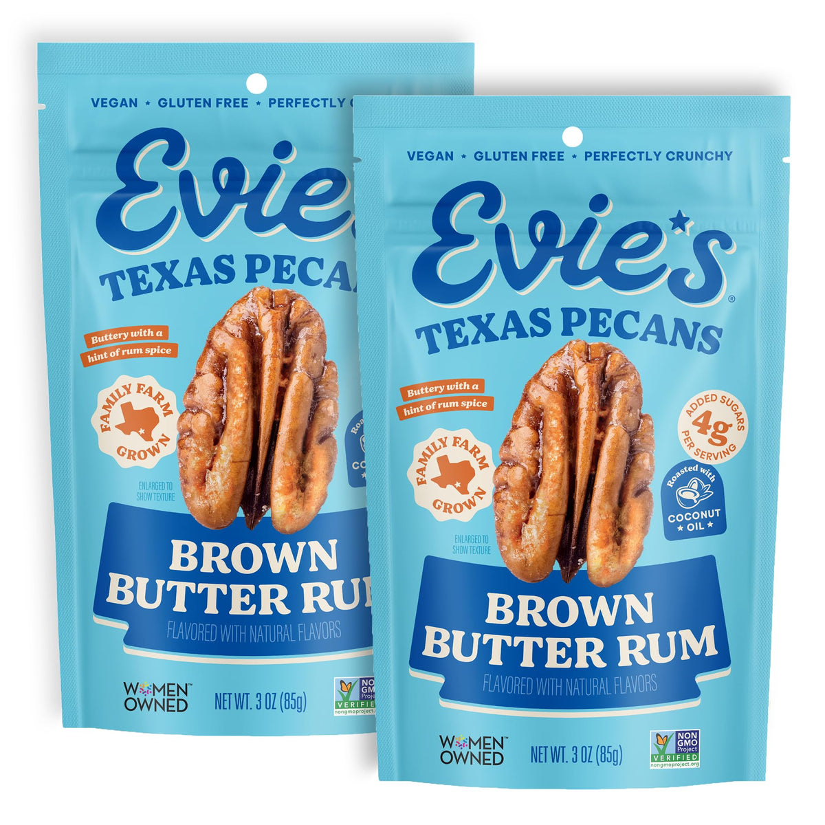 Evie's Brown Butter Rum Pecans - Roasted Texas Pecan Snacks - Healthy, Non-GMO, Gluten-Free and Vegan - 3 Oz, 2-Pack - Made-in-the-USA