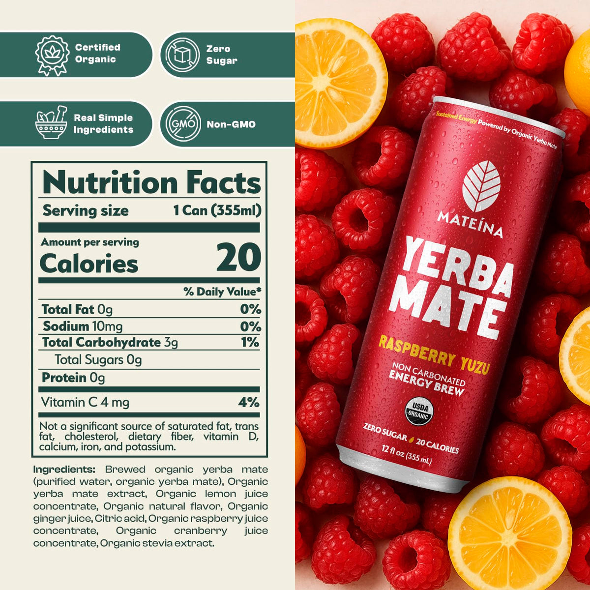 Mateina Organic Raspberry Yuzu Yerba Mate, 12 FZ