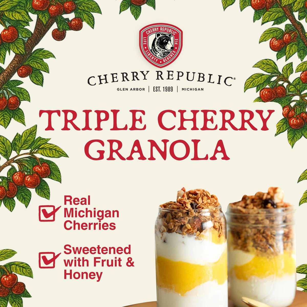 Cherry Republic Triple Cherry Granola, 1 lb Bag, Mix of Cherries, Blueberries, Strawberries, Oats, Almonds and Honey, Gourmet Snack, Healthy Granola
