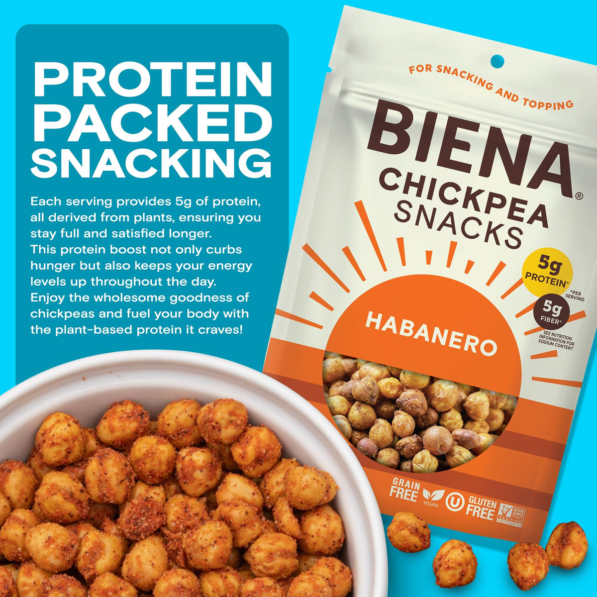 BIENA Chickpea Snacks - Crunchy Roasted Chickpeas - High Fiber Vegan Protein Snacks for Adults and Kids - 4-Pack, 5 Ounce - Habanero