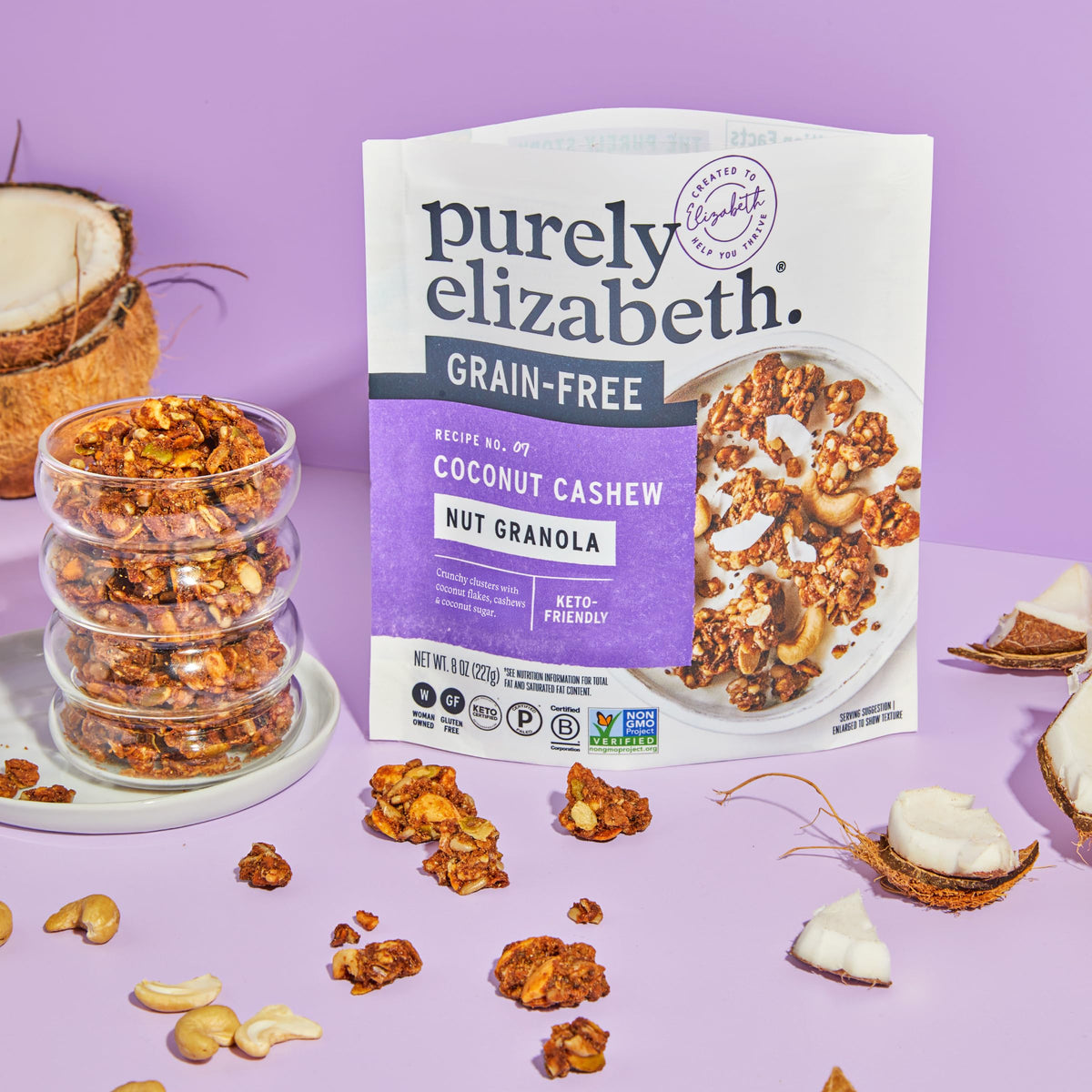Purely Elizabeth Coconut Cashew Keto Granola, Made with Nuts and Seeds, Grain-Free, Gluten-Free, Non-GMO (3 Ct, 8oz Bags)