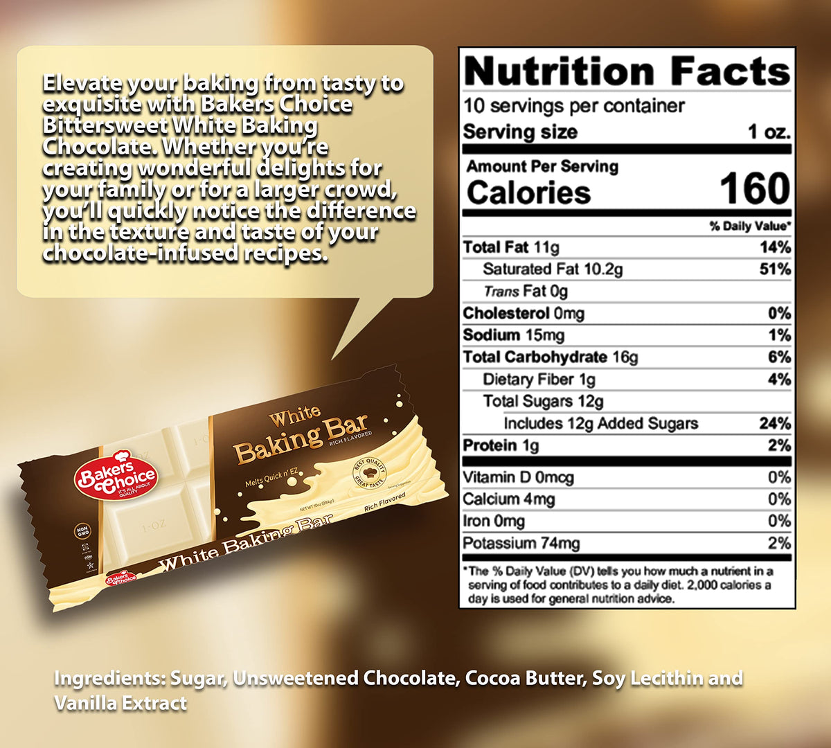 Baker's Choice White Baking Chocolate Bar - Microwaveable Chocolate Easy Melt Bar - Almond Bark Coating, Candy Coating - Kosher, Non-Dairy, Vegan and Non GMO - 10 oz (284g)