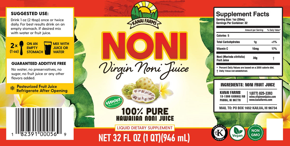 Virgin Noni Juice - 100% Pure Hawaiian Noni Juice - 4 Pack of 32oz Glass Bottles
