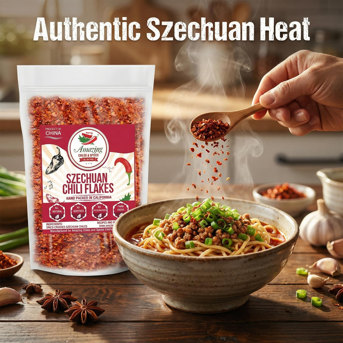 Sichuan Chili Flakes, 8 oz - Traditional Red Pepper Spices and Szechuan Seasoning for Thai, Korean, Mexican, and Asian Dishes, Authentic Medium Hot