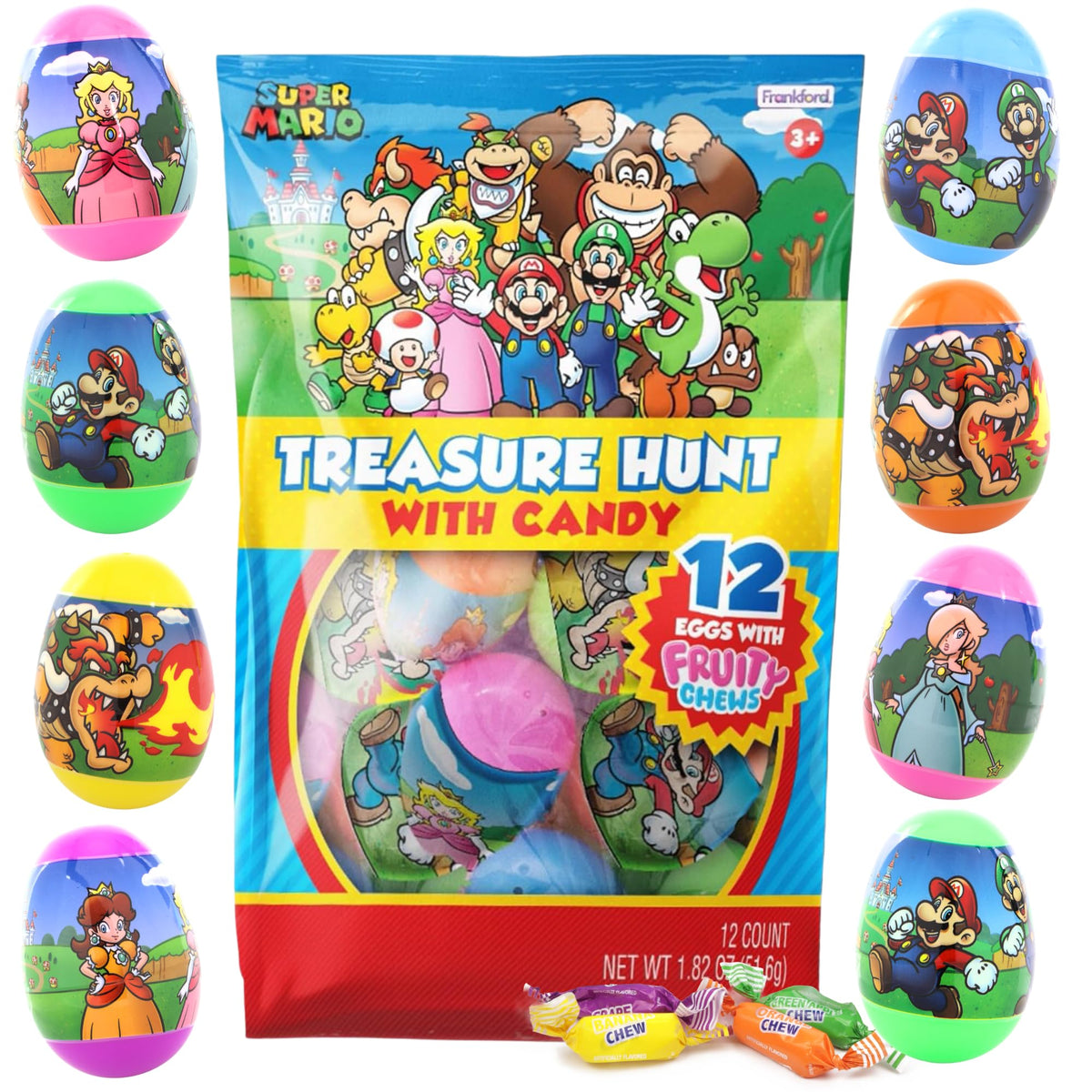 Super Mario Candy Filled Easter Eggs, Assorted Fruit Chews Inside, Perfect for Hunts or Basket Stuffers, 12 Total