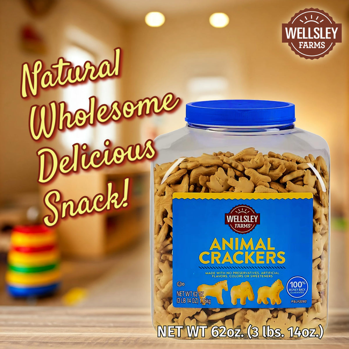 Wellsley Farms Animal Crackers 62oz. Resealable Tub.