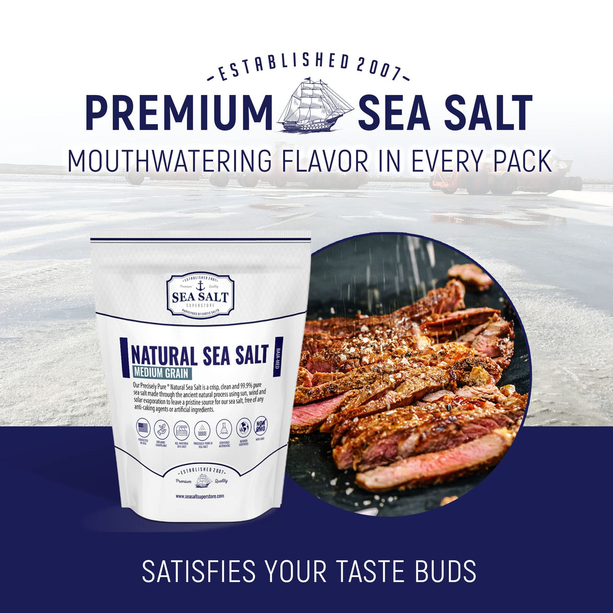 Natural Sea Salt Medium Grain, Gluten-Free Bulk Sea Salt for Commercial Use, No Artificial Additives, 20 Pounds