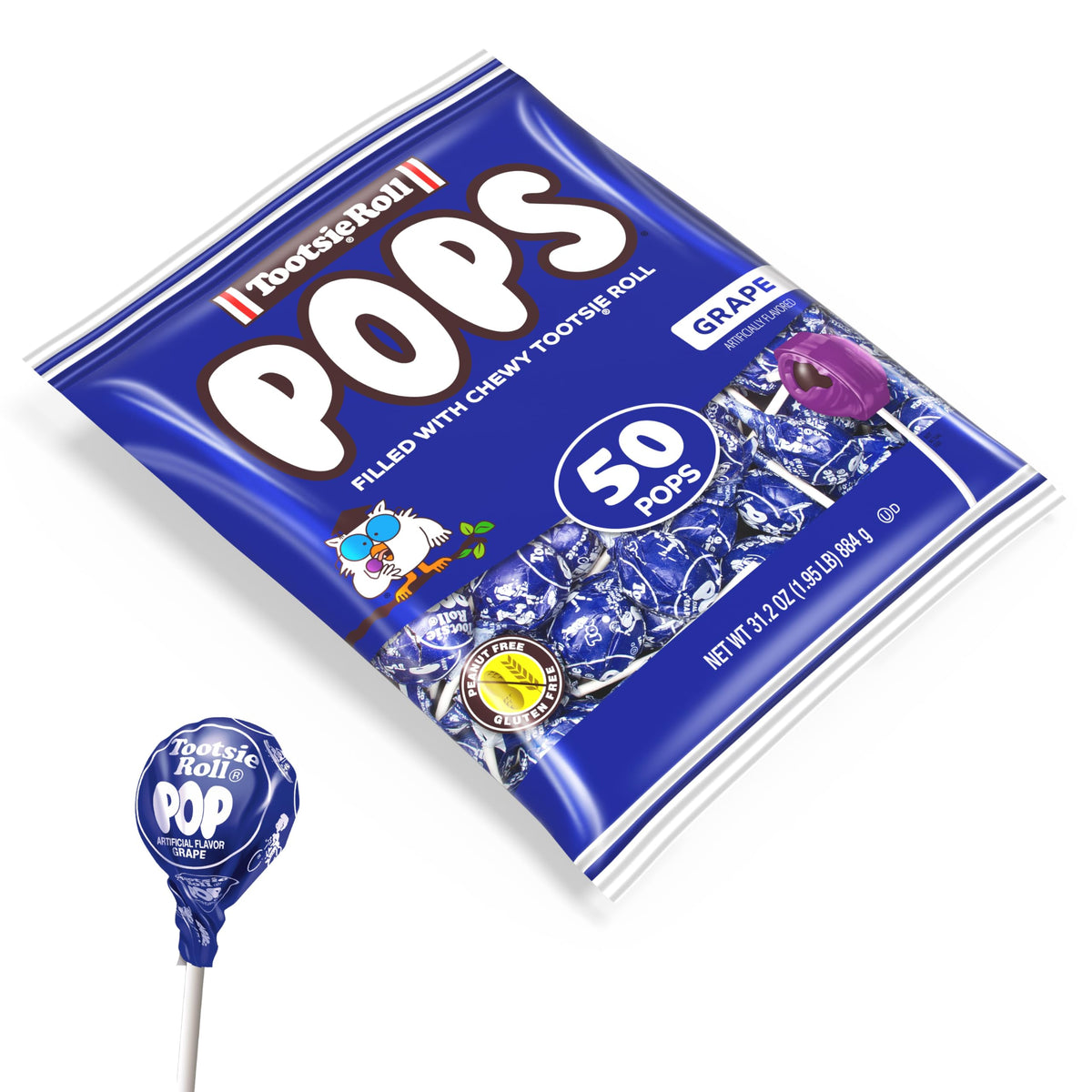 Tootsie Pops Single Flavor Bag - Grape Flavored Lollipops with Chocolatey Center - Individually Wrapped Hard Candy - Blue Candy - Peanut Free, Gluten
