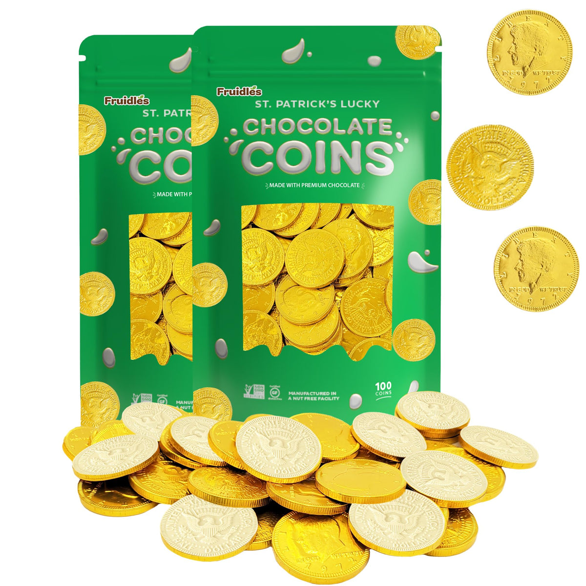 St. Patrick's Day White Milk Chocolate Coins, Half-Dollar Gold Foil Coins, Made with Premium Belgian Chocolate, Gluten-Free, Nut-Free, Kosher