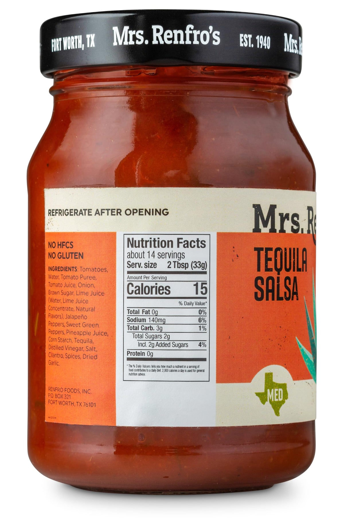 Mrs. Renfro's Tequila Salsa, 16 oz - Gluten Free Texas-Style Tomato Salsa with Tequila-Inspired Flavor, Jalapeños & Spices - Medium Heat Salsa
