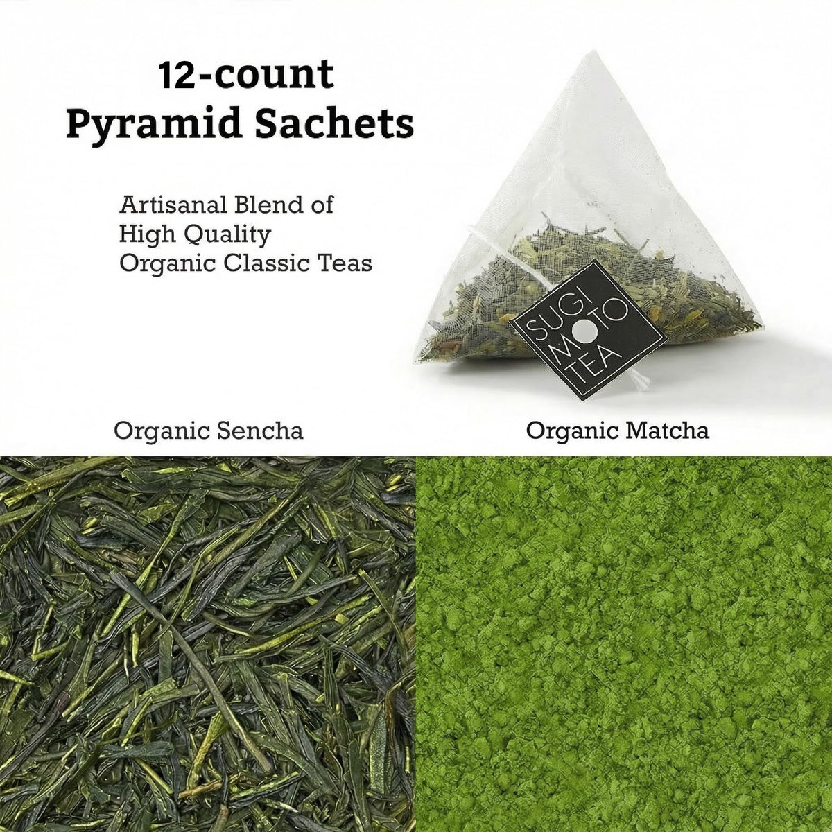 SUGIMOTO TEA Japanese Organic Sencha with Matcha Green Tea Bags 12 Count