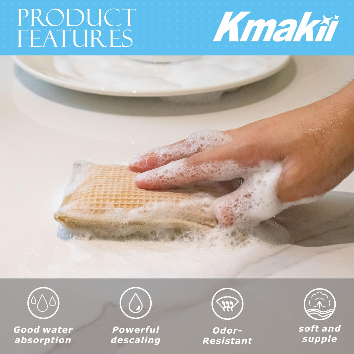 KMAKII Bamboo Kitchen Sponges Dish Sponges Natural Cleaning Sponges Beige 6 Pack