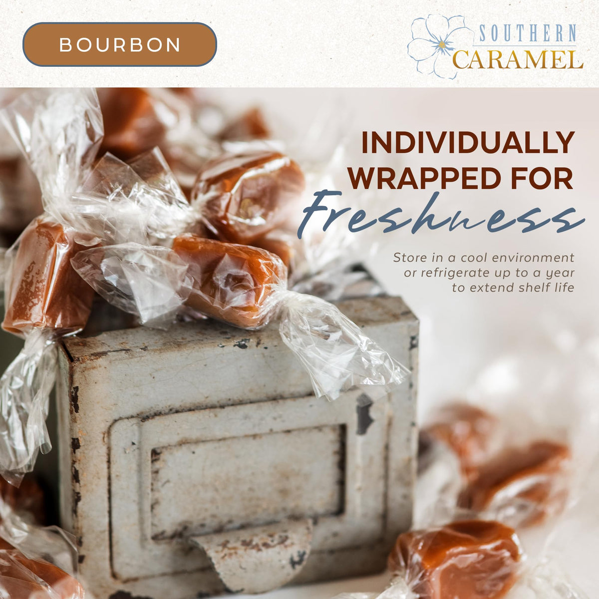 Southern Caramel Bourbon Caramels, Soft Buttery Gourmet Caramel Candy Infused with Smooth, Top-Shelf Bourbon, Handcrafted, Small Batch, Gluten Free