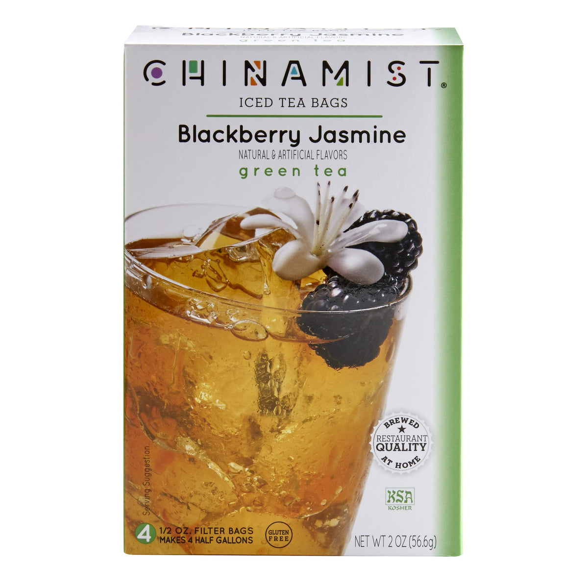 China Mist Iced Tea - Blackberry Jasmine Green Tea Infusion - Refreshing and Delicious - Each Tea Bag Yields 1/2 Gallon - 4 bags.