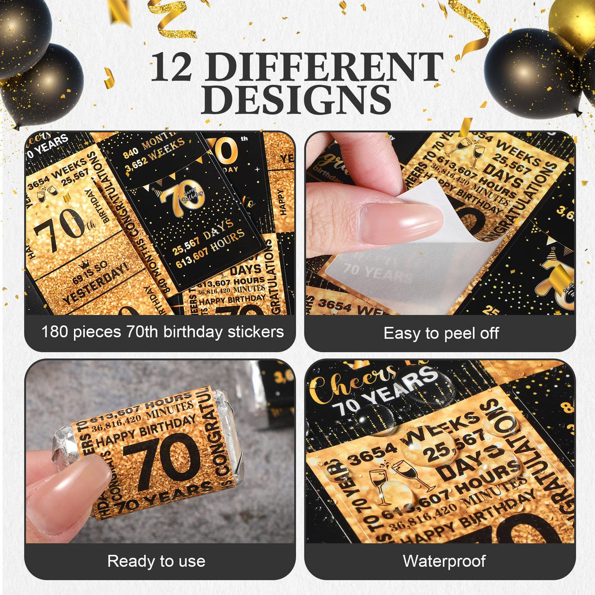Tenare 180 Pcs 70th Birthday Stickers Black and Gold Cheers to 70 Years Candy Bar Wrappers Happy 70th Birthday Party Favor Labels for Adults