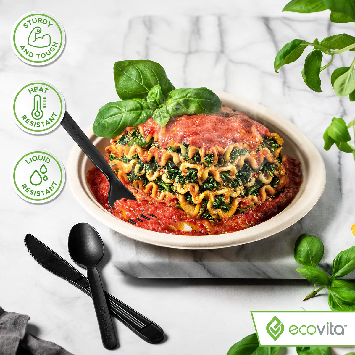 Ecovita 100% Compostable Forks Spoons Knives Cutlery Combo Set - 380 Large Disposable Utensils (7 in.) Eco Friendly Durable and Heat Resistant