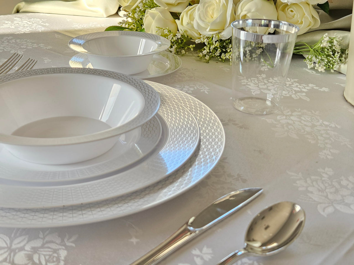 OCCASIONS 40 Pack Silver Charger Plates - 12 Inch Disposable Chargers for Dinner Plates Bulk, Premium Heavyweight Plastic for Wedding, Party & Events
