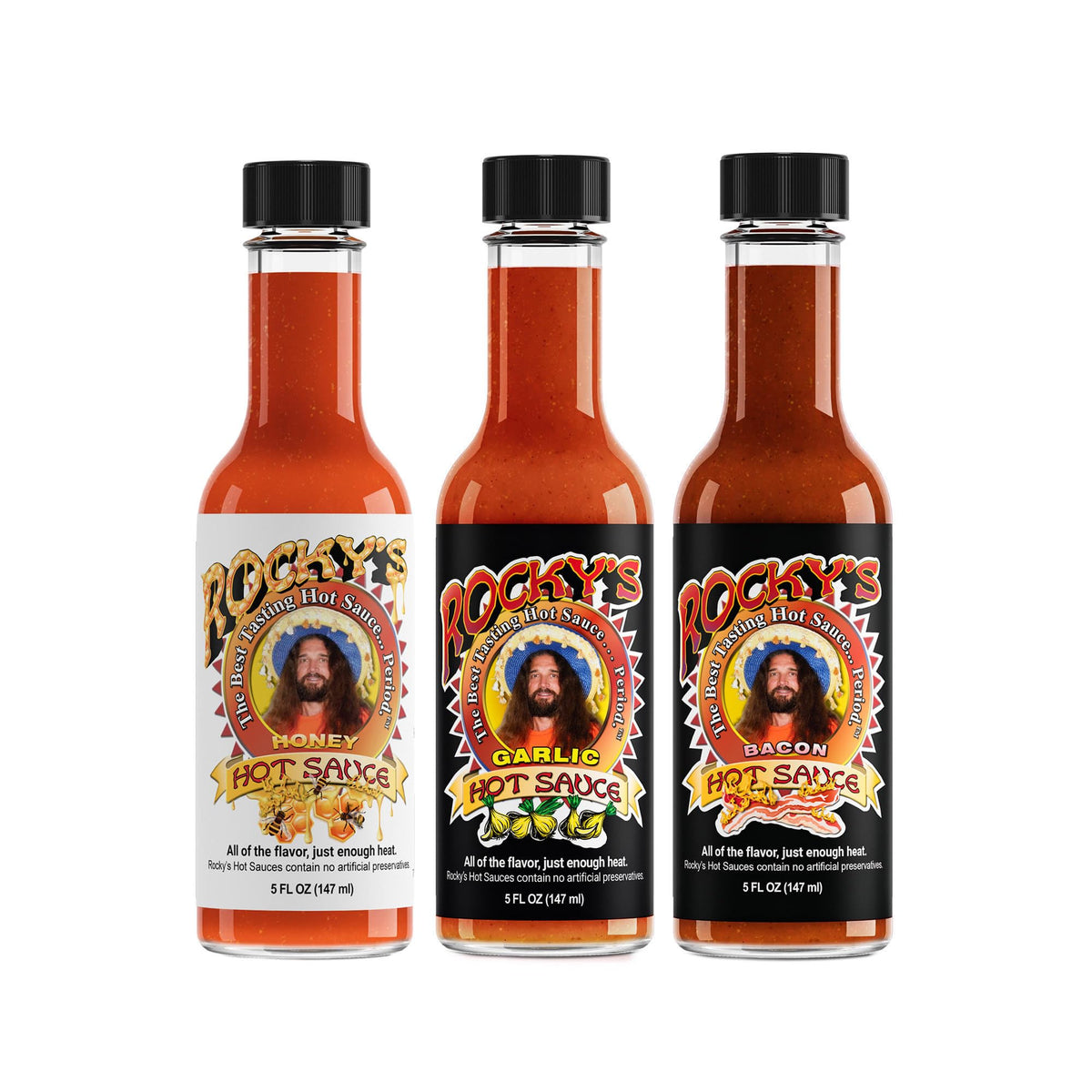 Rocky's 3 Pack! Honey Hot - Garlic - Bacon - Gourmet Red Chili Sauce with Perfectly Balanced Heat - Great Hot Sauce Gift and Wing Sauce - 5 oz (3