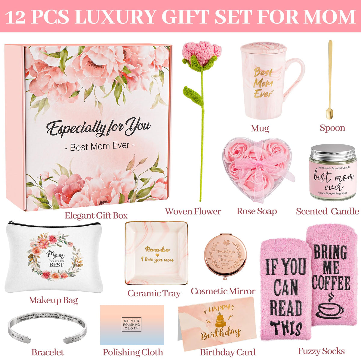 LA NOVO Birthday Gift Baskets for Mom, 12pcs Pink Rose