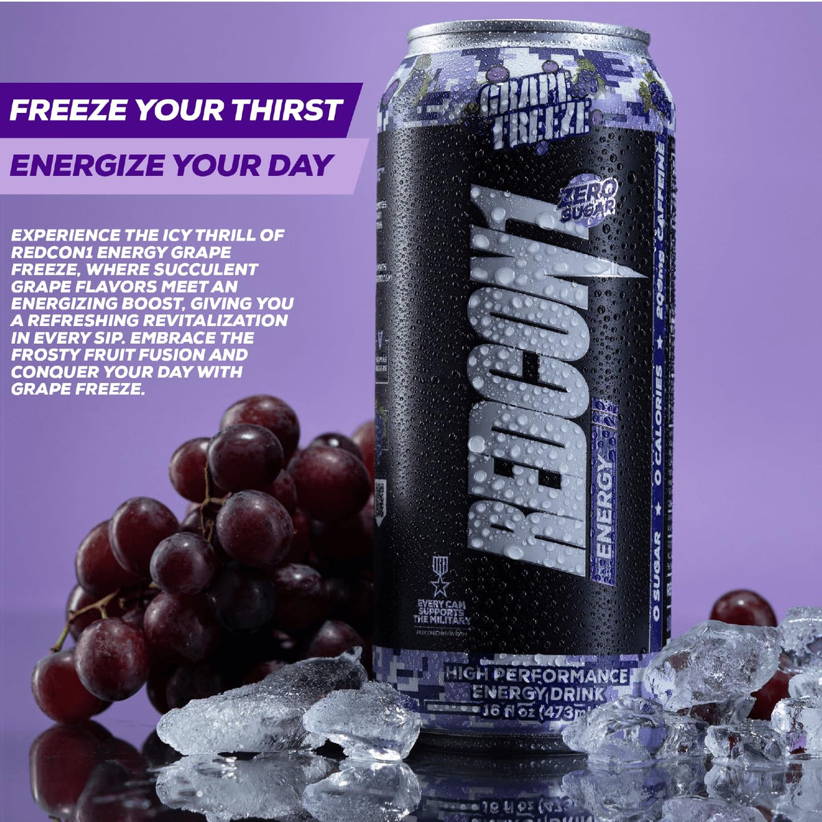 REDCON1 Energy High Performance Drink, Grape Freeze - Zero Sugar Energy Drink with Alpha GPC Nootropic - 200mg Natural Caffeine from Green Coffee