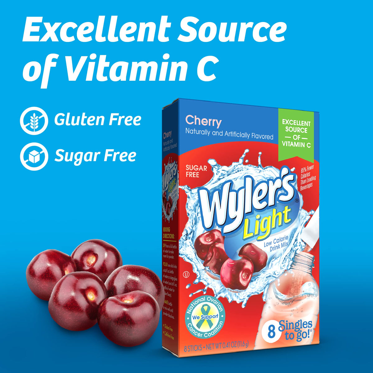Wyler's Light Singles To Go Powder Packets, Water Drink Mix, Cherry, 96 Single Servings (Pack of 12)