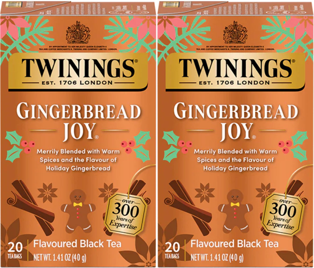 Twinings Gingerbread Joy Holiday Tea, Black Tea Naturally Flavored with Cinnamon and Ginger, Tea Bags Individually Wrapped, 20 Count Ea (Pack of 2)