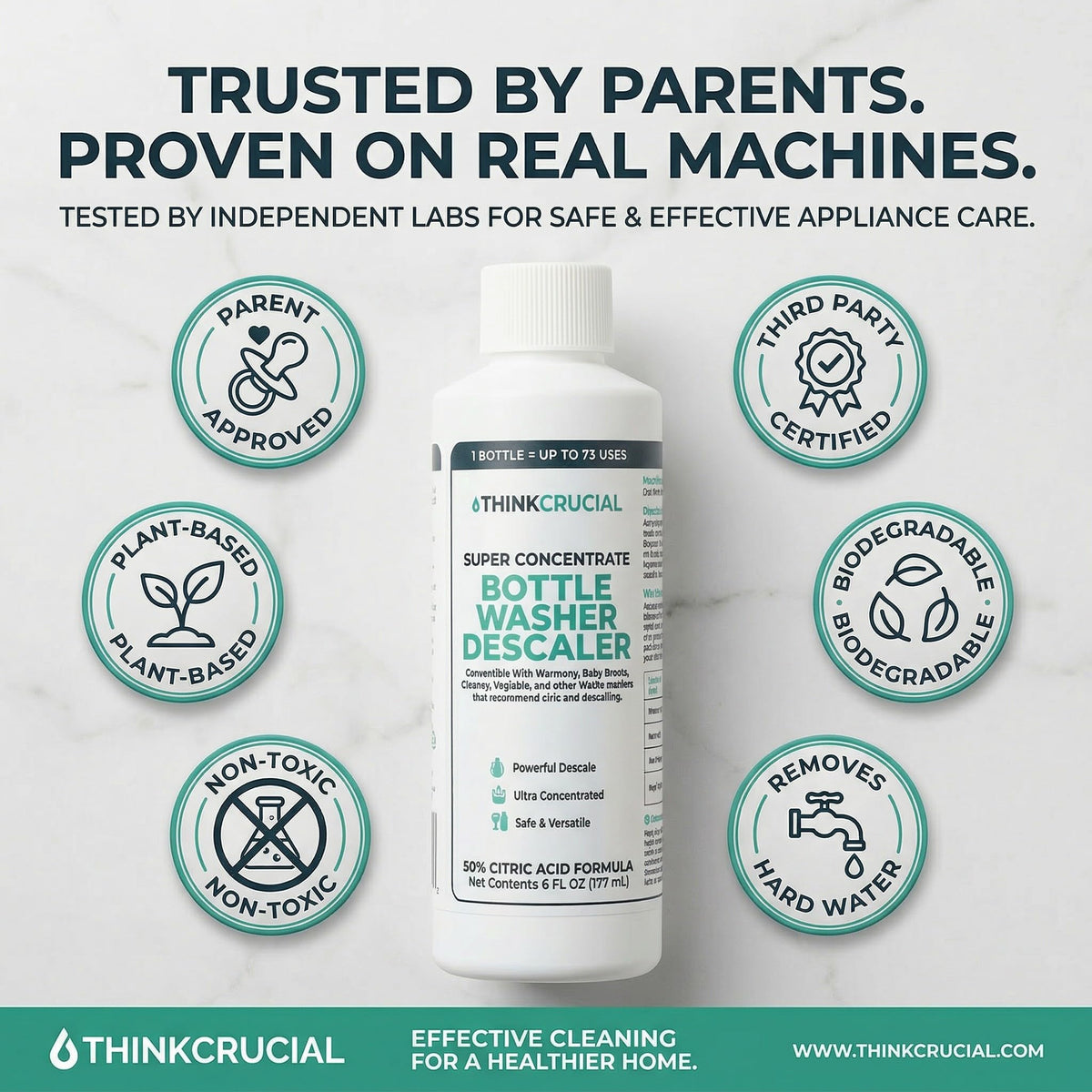 Think Crucial Super Concentrate Bottle Washer Descaler - 72 Uses - 50% Citric Acid Formula - Liquid Baby Bottle Washer Cleaner - Compatible