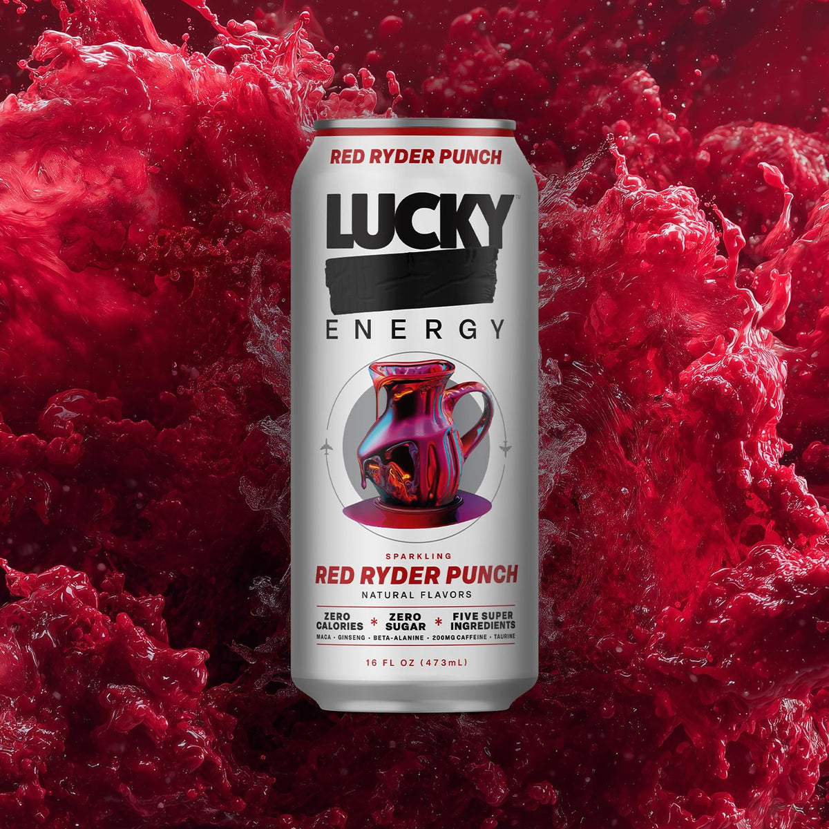 Lucky Energy Sugar Free Energy Drinks, Red Ryder Punch, 16oz Cans (12-Pack) Healthy, Zero Sugar Energy Drink with Maca, Ginseng, Beta-Alanine, Taurine
