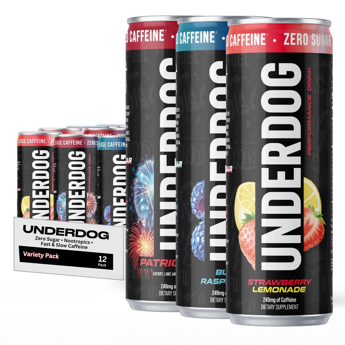 Underdog Performance Drink - Nootropics, Fast & Slow Release Caffeine, Zero Sugar, No Artificial Additives, & 5 Performance Ingredients - 12 Pack