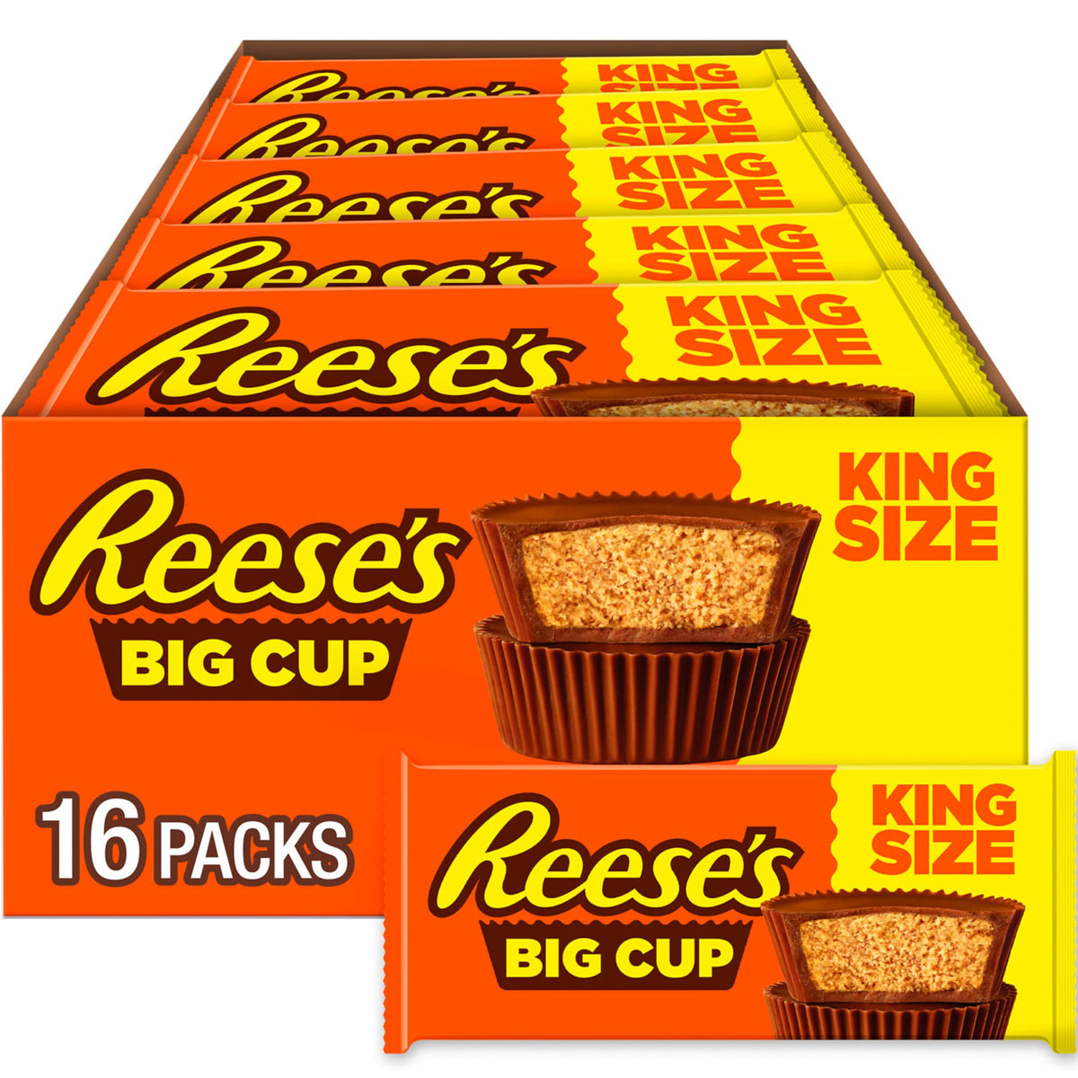 REESE'S Big Cup Milk Chocolate King Size Peanut Butter Cups, Candy Packs, 2.8 oz (16 Count)