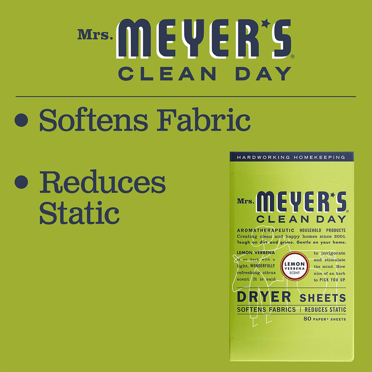 Mrs. Meyer's Clean Day Dryer Sheets, 80 Count (Lemon Verbena, Pack - 1)