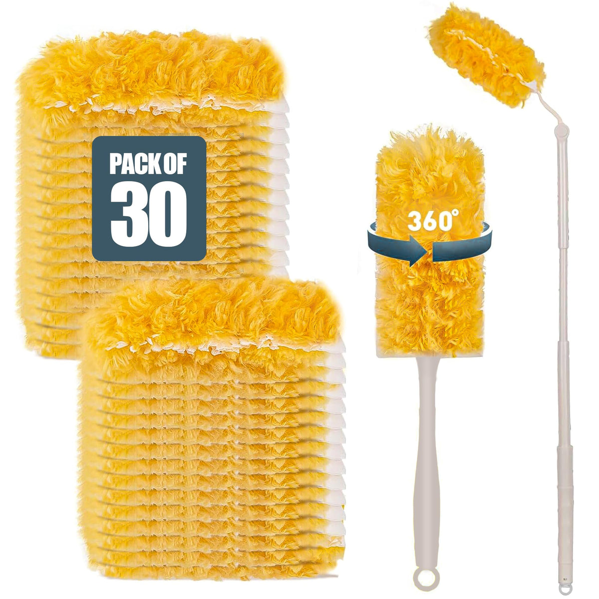 Inaloon Heavy Duty Duster Refills 30 Pack, 360° Multi Surface Feather Dusters Kit with Extendable 3FT Handle, Disposable Microfiber Dusters