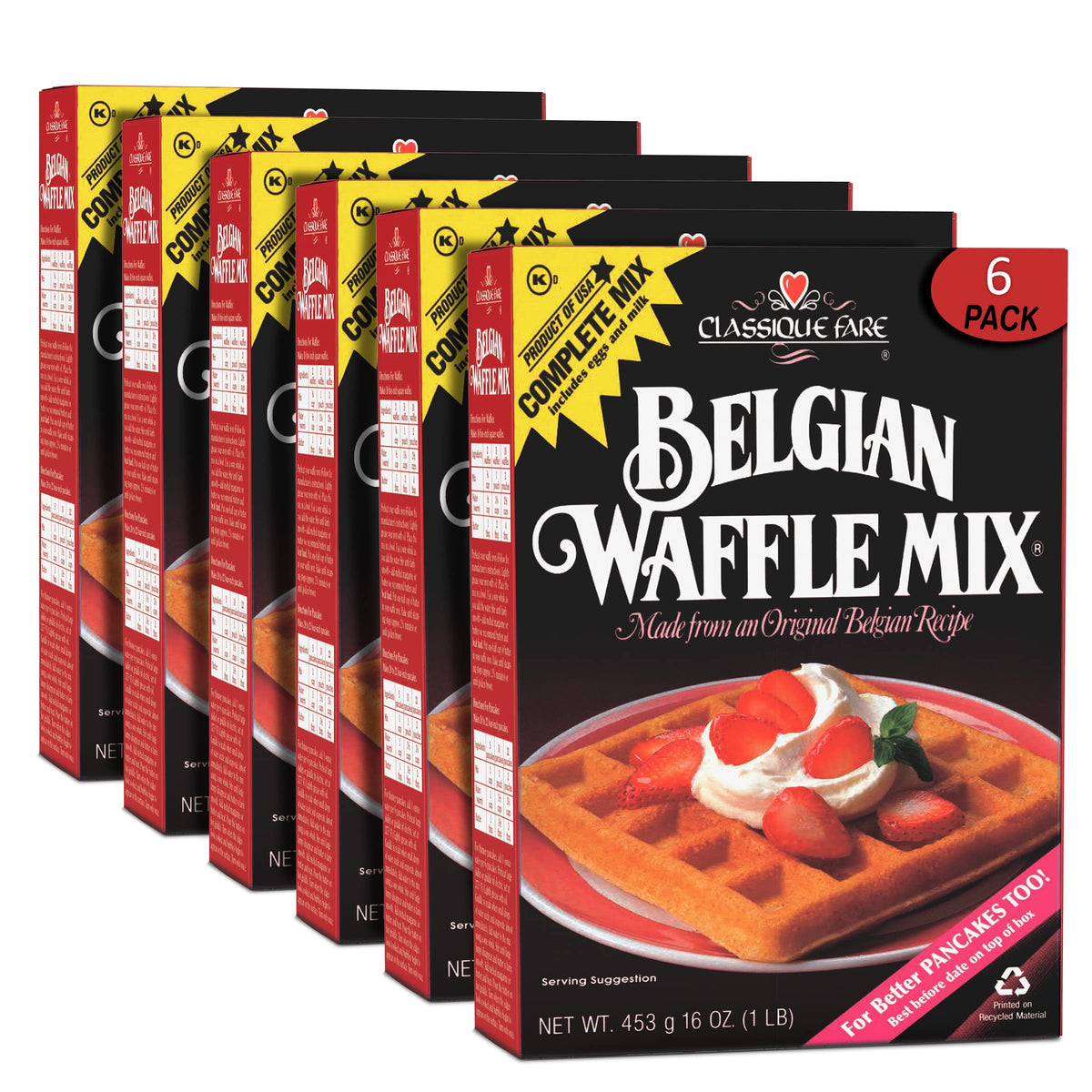 Classique Fare Belgian Waffle Mix - Makes Light and Crisp Waffles, Pancakes, Muffins and Crepes - Works with Griddle Maker - Fast and Fresh Breakfast Foods - 1 Pound (Pack of 6)