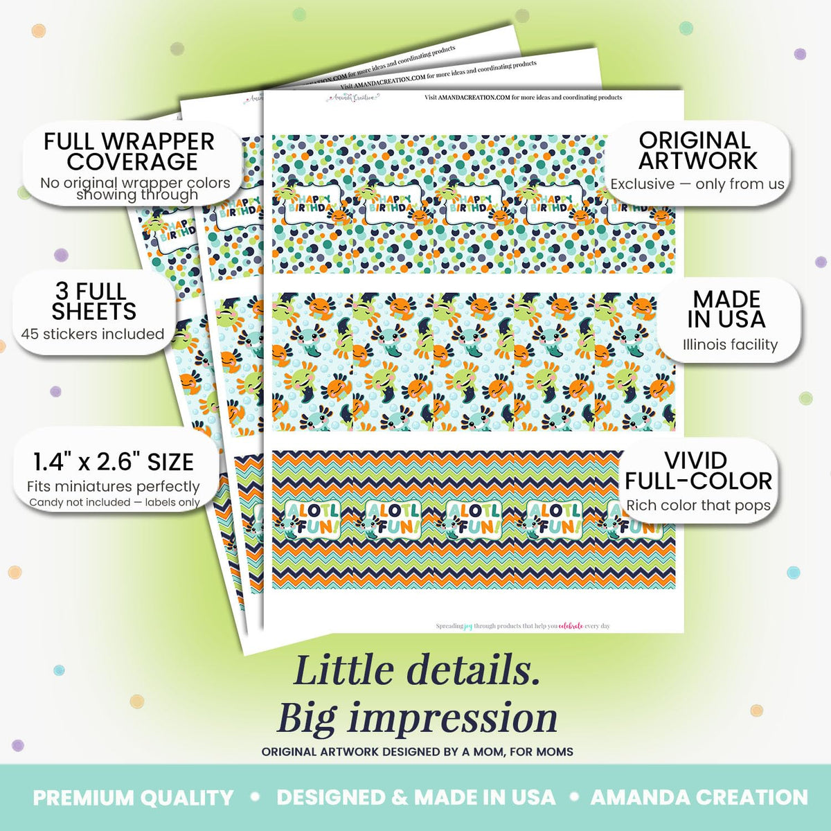 Amanda Creation Axolotl Boy Birthday Mini Candy Bar Wrappers, 45 Count, 1.4 x 2.6 Inch Full Coverage Labels, Kids Boy Birthday Party Favors, Mini