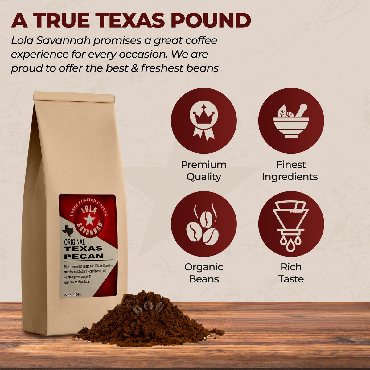 Lola Savannah Texas Pecan Ground Caffeinated Coffee, 1lb