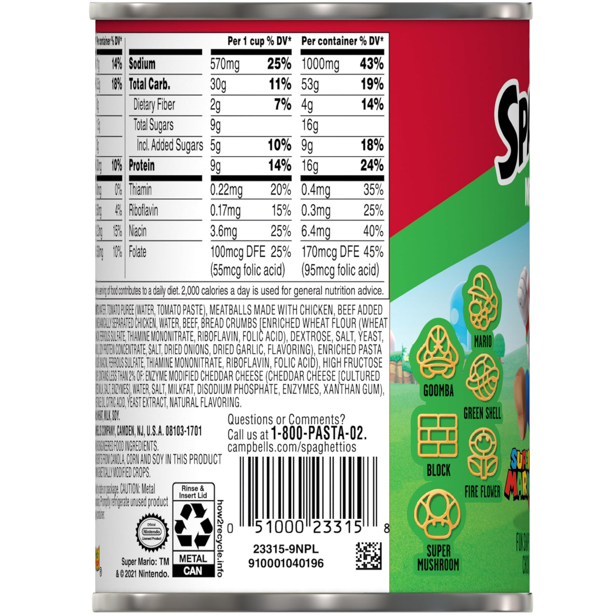 SpaghettiOs Super Mario Bros Canned Pasta with Meatballs, 15.6 oz Can