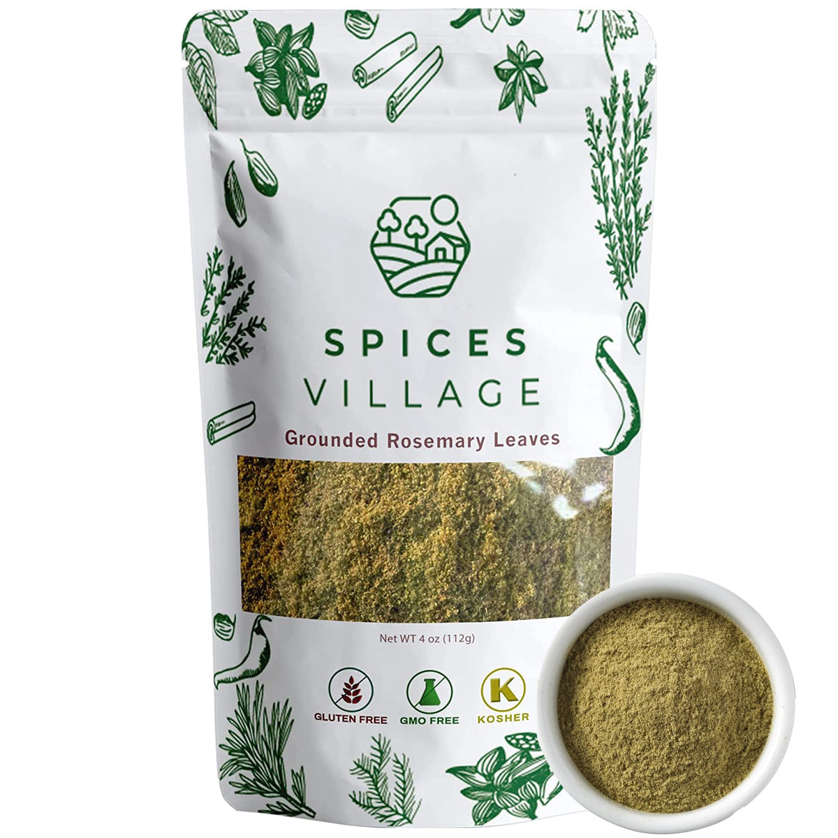 SPICES VILLAGE Ground Rosemary [ 4 oz ] - Natural Dried Rosemary Spice for Cooking and Tea, Pure Mediterranean Seasoning - Kosher, Gluten Free, Vegan