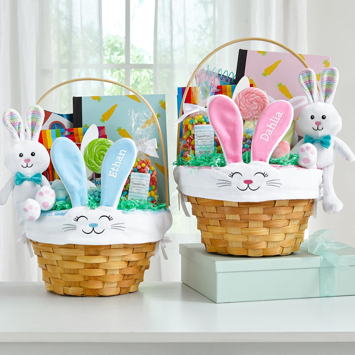 Let's Make Memories Personalized Easter Basket - Wicker - Embroidered Liner - Happy Bunny - Blue