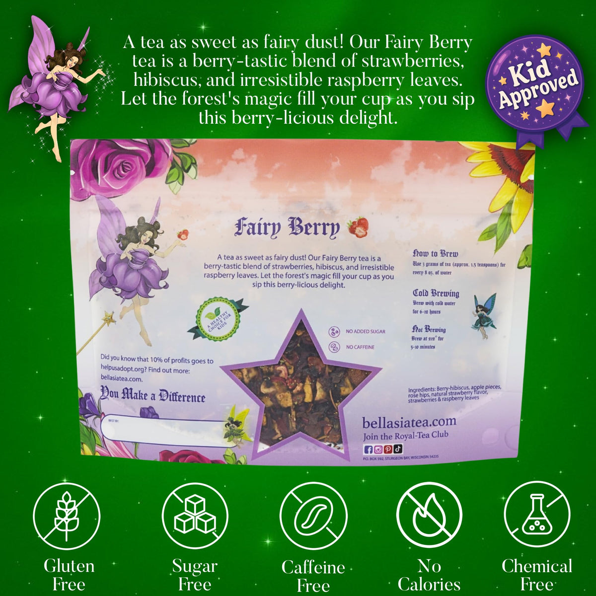 Bellasia Tea Fairy Berry for Kids Using Real Strawberry Pieces- Caffeine Free Herbal Tea Blend with Real Ingredient & Balanced Flavor- Add Loose Leaf