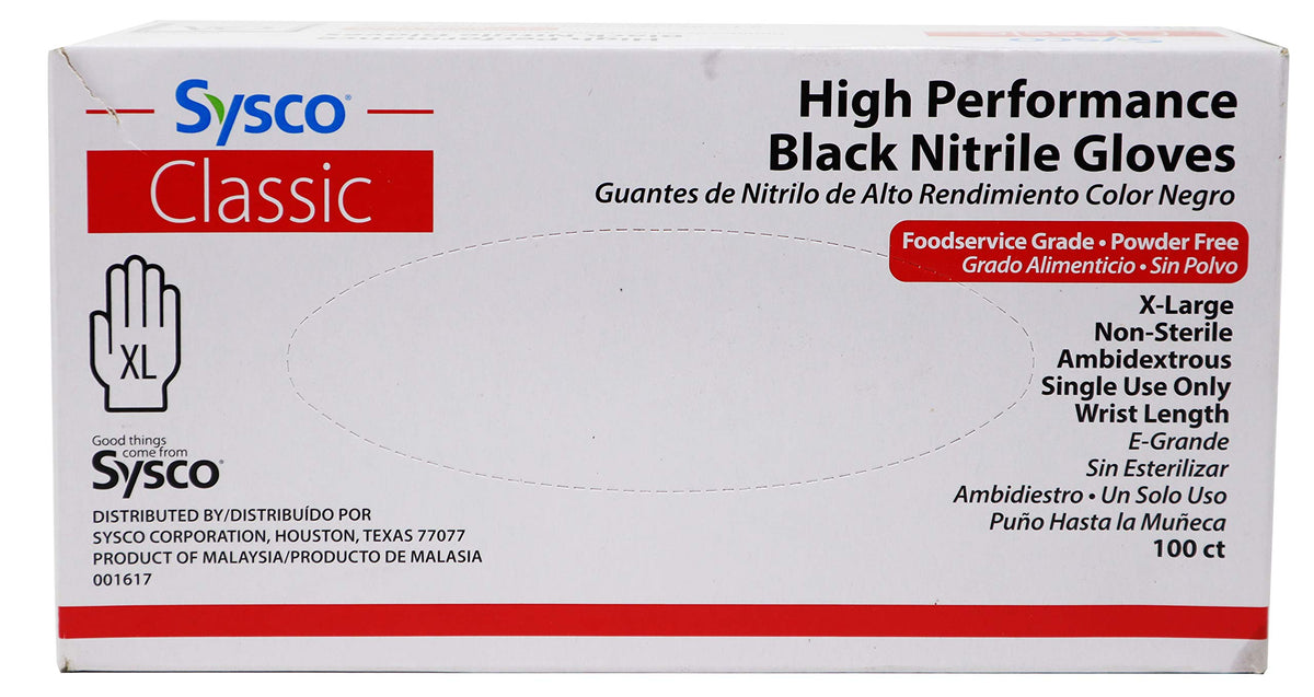 Sysco Classic Black Nitrile Extra Large Gloves Box, 100 Count