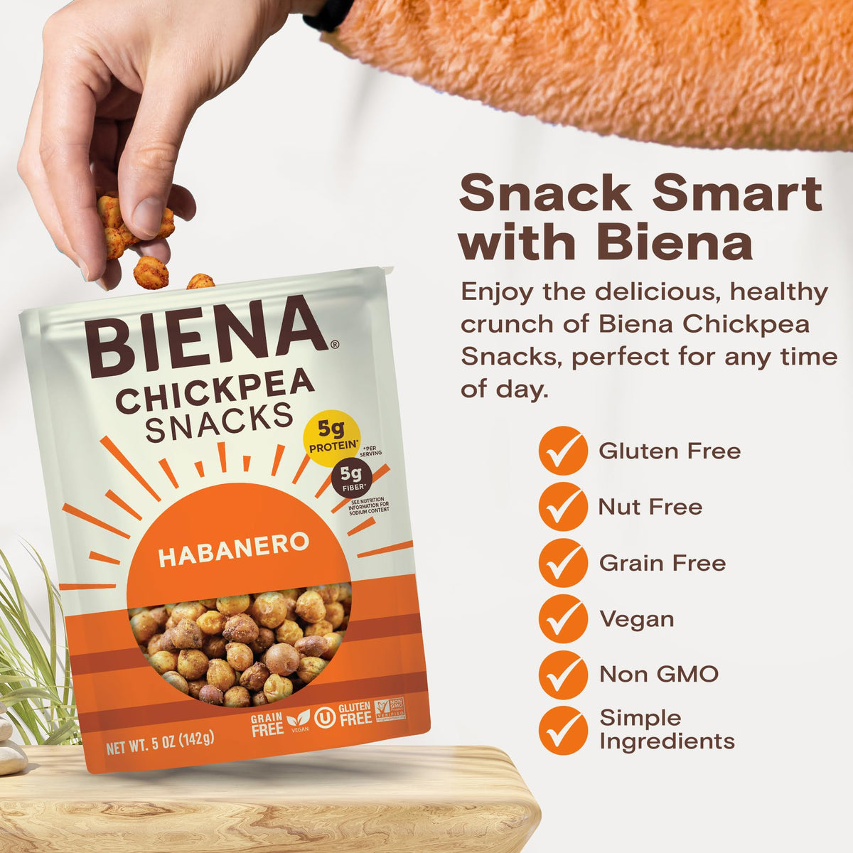 BIENA Chickpea Snacks - Crunchy Roasted Chickpeas - High Fiber Vegan Protein Snacks for Adults and Kids - 4-Pack, 5 Ounce - Habanero