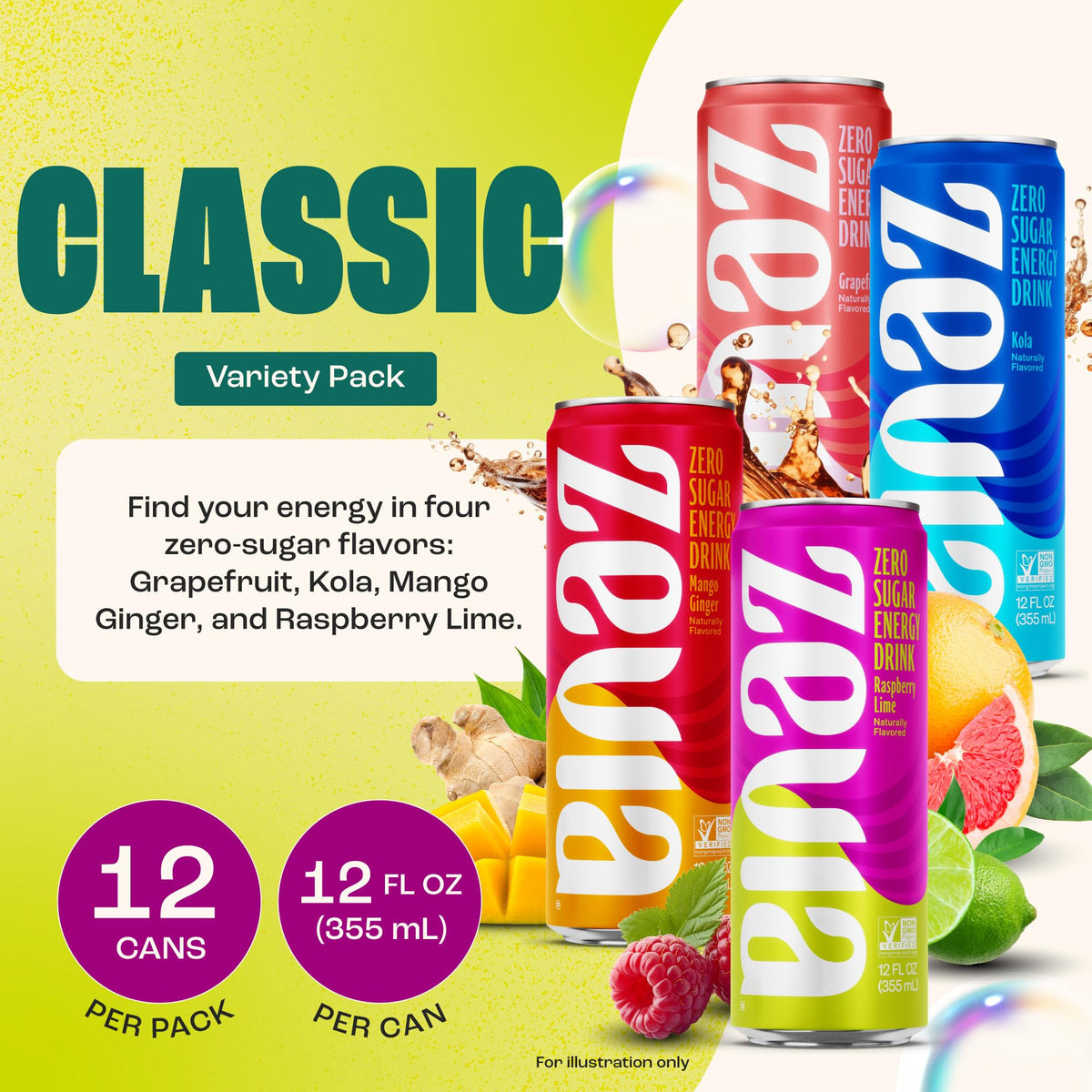 Zevia Zero Sugar Energy Drink, Classic Variety Pack, 12 oz Cans (12-Pack) - Naturally Sweetened, Non-GMO Project Verified, Gluten-Free, Vegan