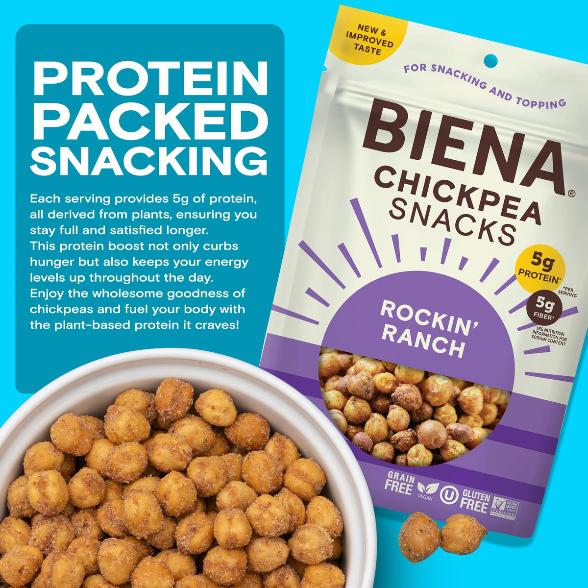 BIENA Chickpea Snacks - Crunchy Roasted Chickpeas - High Fiber Vegan Protein Snacks for Adults and Kids - 5 Ounce Individual Pack - Rockin' Ranch