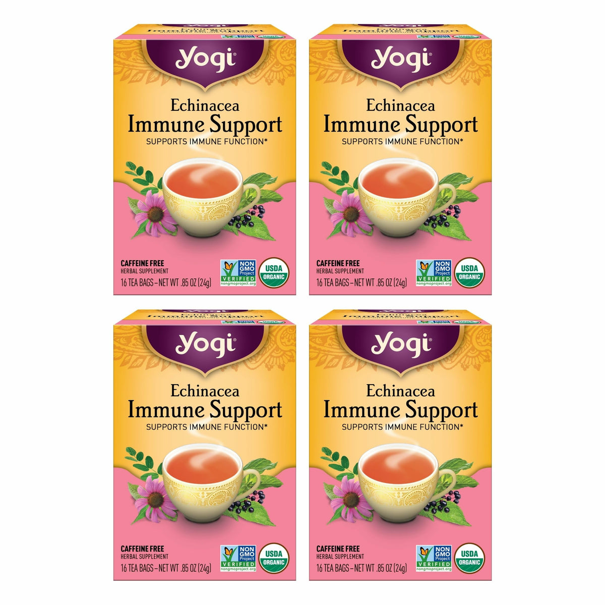 Yogi Tea Echinacea Immune Support Tea - 16 Tea Bags per Pack (4 Packs) - Organic Immunity Support Tea - Includes Peppermint Leaf, Lemongrass, Cinnamon