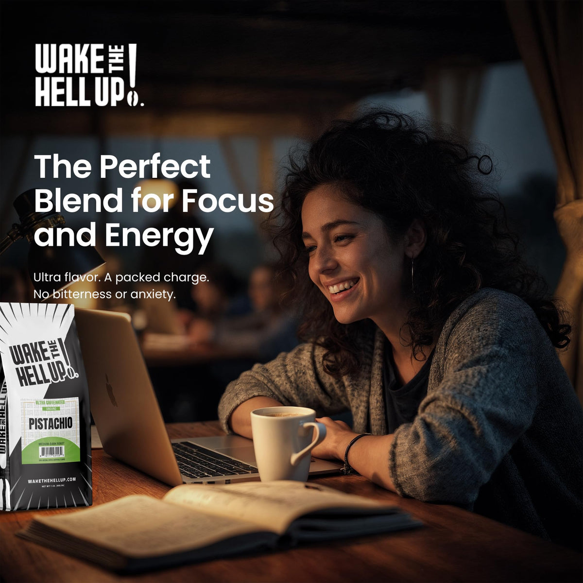 Wake The Hell Up! 1lb Ultra-Caffeinated Pistachio Ground Coffee, Low Acid, Medium-Dark Roast