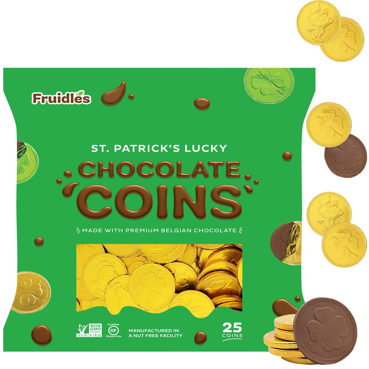 St. Patrick's Day 25 Milk Chocolate Coins Lucky Gold Coins Foils, Shamrock Clover Leprechaun Premium Belgian Milk Chocolate Coins Bag Nut-Free