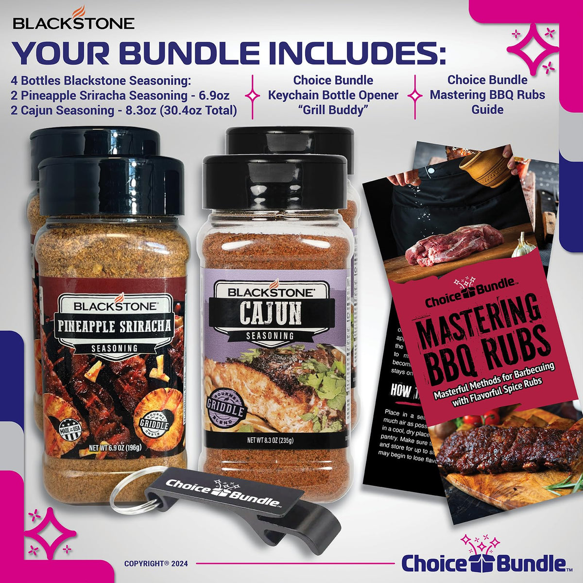 Blackstone Pineapple Sriracha & Cajun Seasoning - Gourmet Griddle Premium BBQ Barbecue Rub 4 Pk Choice Bundle (30.4 oz) + BBQ Guide & Bottle Opener (6